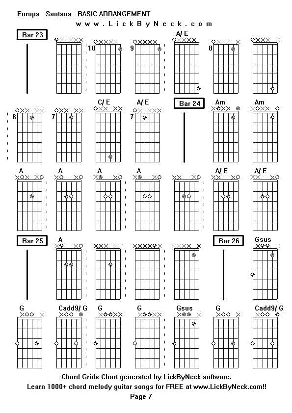 Chord Grids Chart of chord melody fingerstyle guitar song-Europa - Santana - BASIC ARRANGEMENT,generated by LickByNeck software.